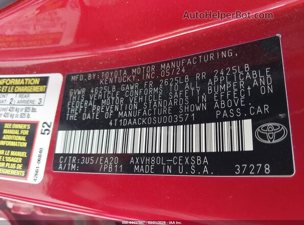 4T1DAACK0SU003571 2025 TOYOTA CAMRY Red Vista del compartimento del motor