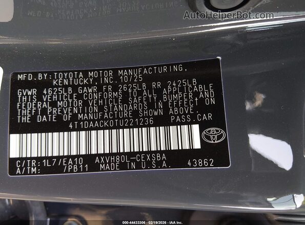 4T1DAACK0TU221236 2026 TOYOTA CAMRY Gray Вид підкапотного простору