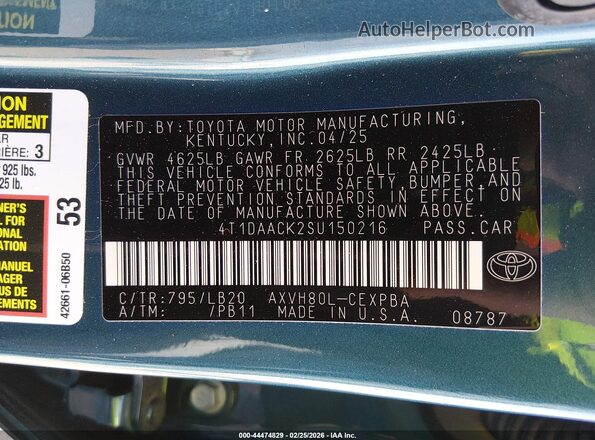 4T1DAACK2SU150216 2025 TOYOTA CAMRY Blue Շարժիչի բաժամունքի տեսք