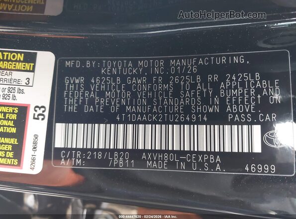 4T1DAACK2TU264914 2026 TOYOTA CAMRY Черный Вид подкапотного пространства