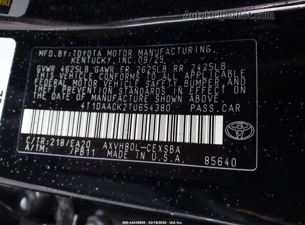 4T1DAACK2TU654380 2026 TOYOTA CAMRY Black Вид підкапотного простору