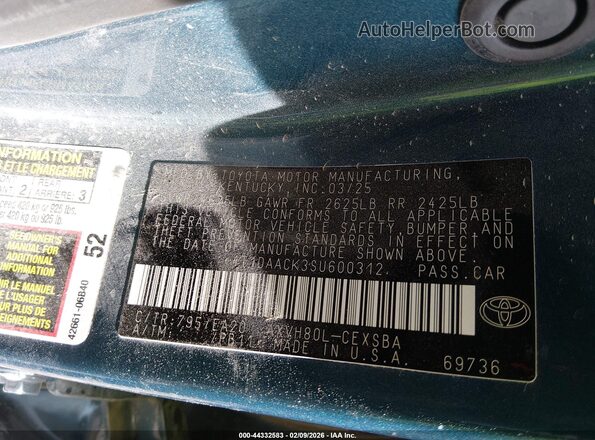 4T1DAACK3SU600312 2025 TOYOTA CAMRY Blue Вид підкапотного простору