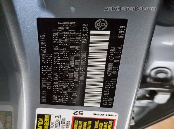 4T1DAACK5TU652803 2026 TOYOTA CAMRY Серый Вид наклейки с VIN-кодом