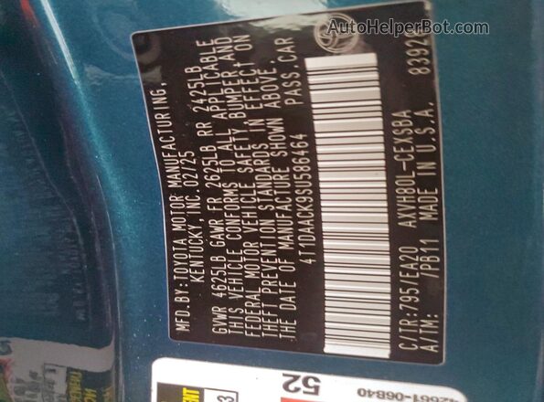 4T1DAACK9SU586464 2025 TOYOTA CAMRY Blue Вид підкапотного простору