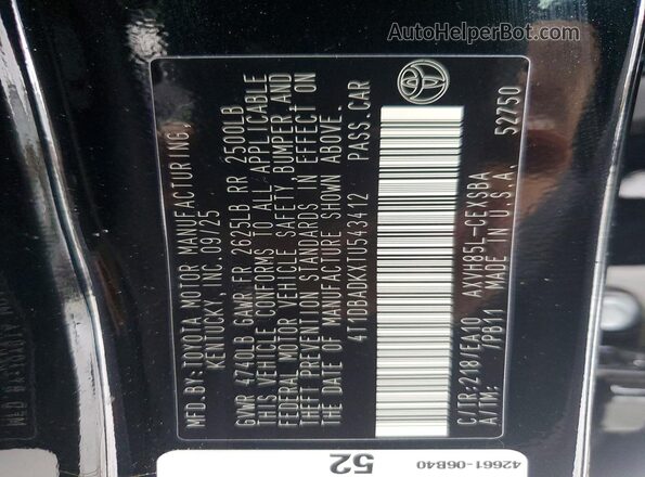 4T1DBADKXTU543412 2026 TOYOTA CAMRY Black Widok naklejki z numerem VIN