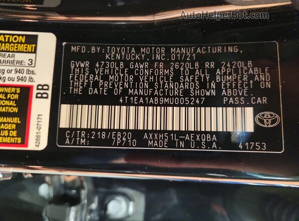 4T1EA1AB9MU005247 2021 TOYOTA AVALON Черный Вид подкапотного пространства