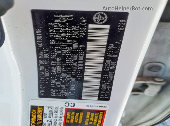 4T1FZ1FB1LU039719 2020 TOYOTA AVALON White ძრავის განყოფილების ხედი