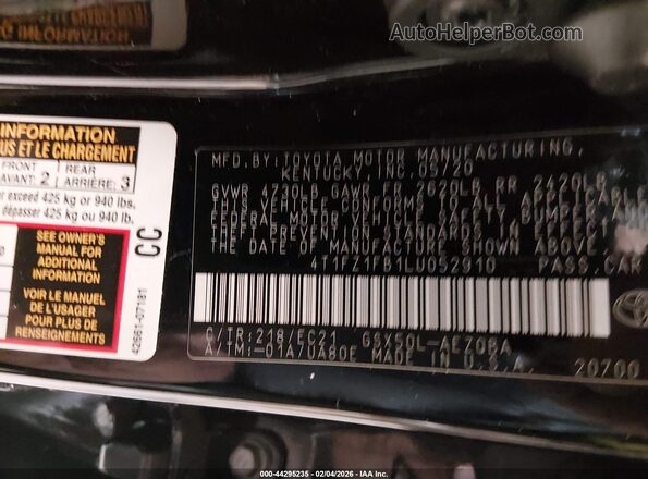4T1FZ1FB1LU052910 2020 TOYOTA AVALON Black Вид підкапотного простору