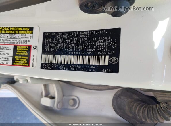 4T1G11AK1LU995205 2020 TOYOTA CAMRY White Widok komory silnika