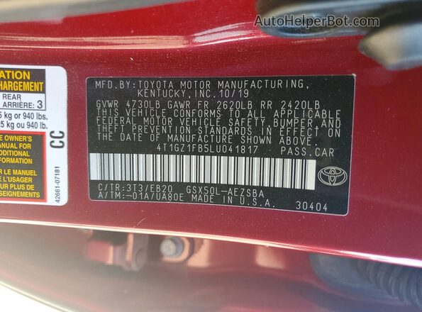 4T1GZ1FB5LU041817 2020 TOYOTA AVALON Темно-бордовый Вид подкапотного пространства