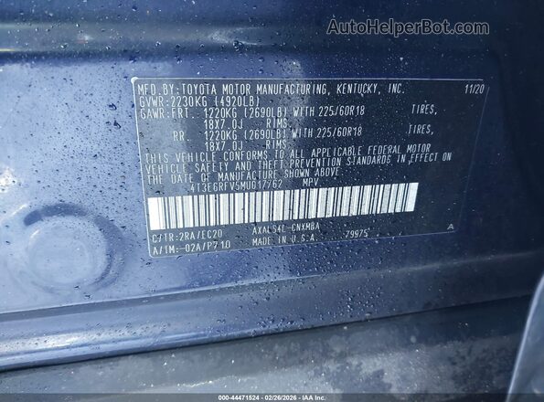 4T3E6RFV5MU017762 2021 TOYOTA RAV4 HYBRID Navy ძრავის განყოფილების ხედი