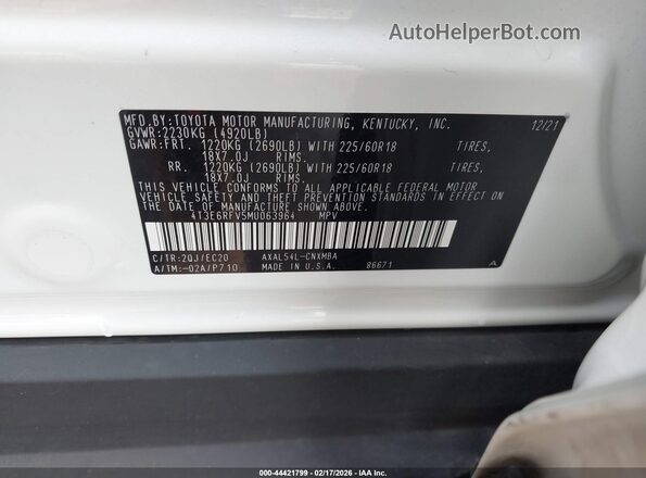 4T3E6RFV5MU063964 2021 TOYOTA RAV4 HYBRID White Вид підкапотного простору