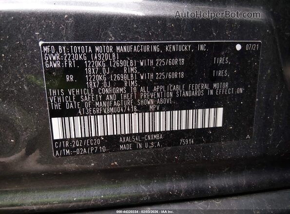 4T3E6RFV8MU047418 2021 TOYOTA RAV4 HYBRID Серый Вид подкапотного пространства