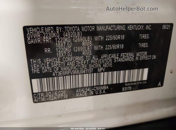 4T3E6RFV9MU041157 2021 TOYOTA RAV4 HYBRID Белый Вид подкапотного пространства
