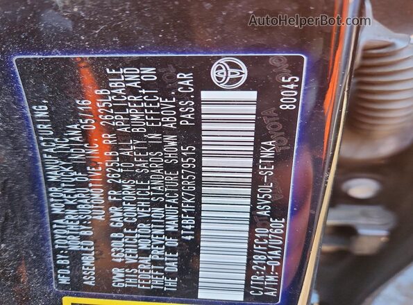 4T4BF1FK7GR579515 2016 TOYOTA LE Black VIN კოდის სტიკერის ხედი
