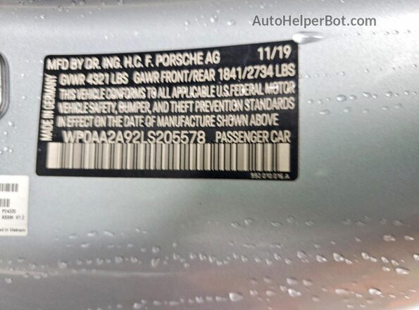 WP0AA2A92LS205578 2020 PORSCHE 911 Silver Widok wnętrza 360 stopni
