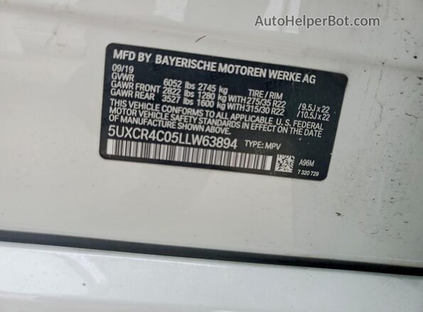 5UXCR4C05LLW63894 2020 BMW X5 White Vista interior de 360 grados