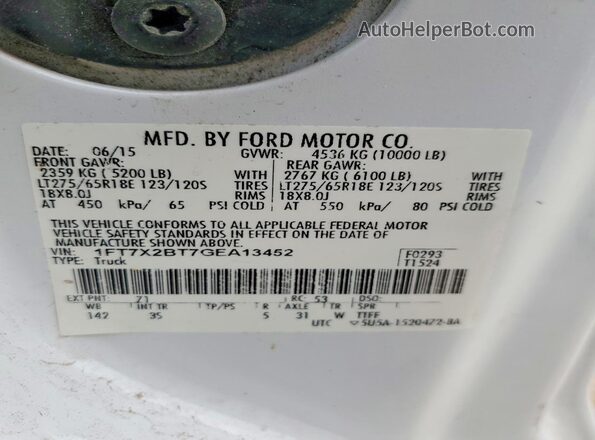 1FT7X2BT7GEA13452 2016 FORD F250 Белый Вид наклейки с VIN-кодом