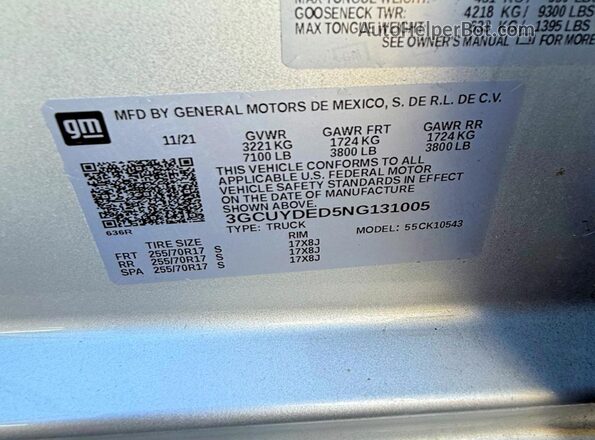 3GCUYDED5NG131005 2022 CHEVROLET ALL MODELS Серебряный Вид задней части салона