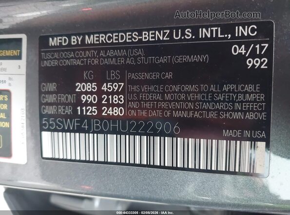 55SWF4JB0HU222906 2017 MERCEDES-BENZ C-CLASS Gray Engine compartment view