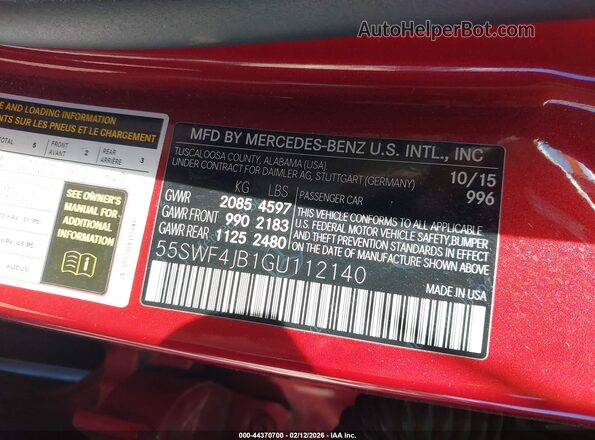 55SWF4JB1GU112140 2016 MERCEDES-BENZ C-CLASS Red Вид підкапотного простору