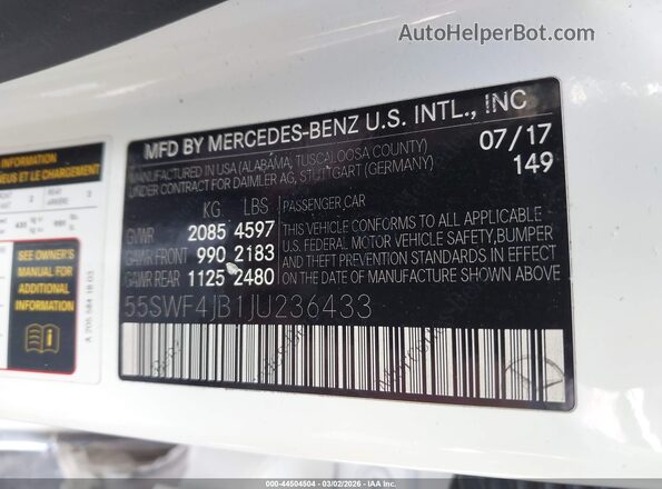 55SWF4JB1JU236433 2018 MERCEDES-BENZ C-CLASS White Շարժիչի բաժամունքի տեսք