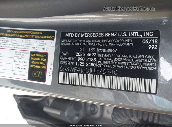 55SWF4JB3JU276240 2018 MERCEDES-BENZ C-CLASS Серебряный Вид подкапотного пространства