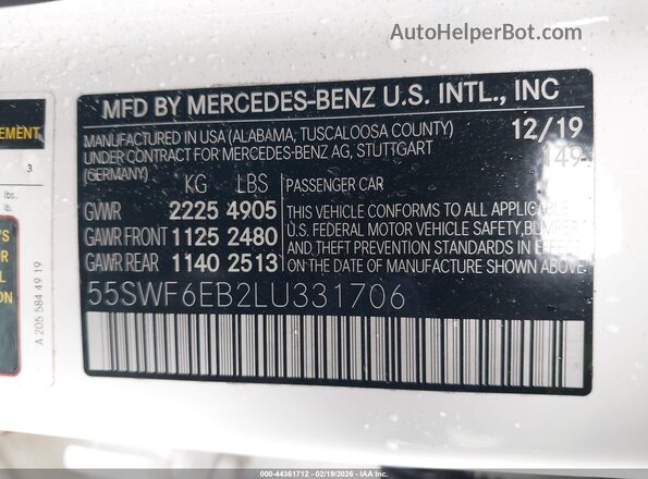 55SWF6EB2LU331706 2020 MERCEDES-BENZ AMG C 43 White Вид підкапотного простору