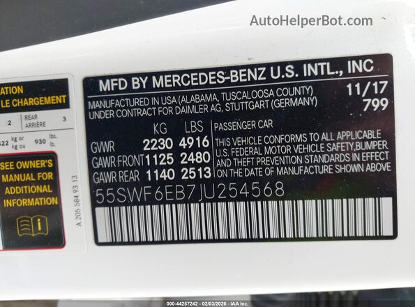 55SWF6EB7JU254568 2018 MERCEDES-BENZ AMG C 43 White Вид підкапотного простору