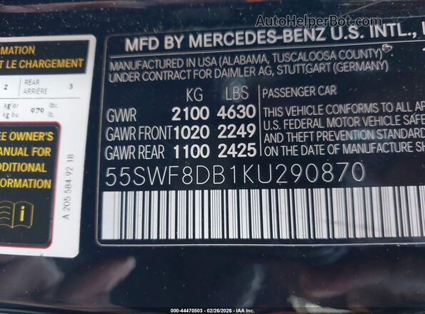 55SWF8DB1KU290870 2019 MERCEDES-BENZ C-CLASS Черный Вид подкапотного пространства