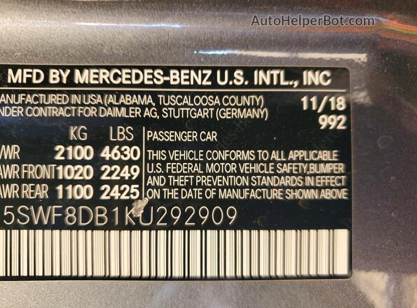55SWF8DB1KU292909 2019 MERCEDES-BENZ C Gray Widok naklejki z numerem VIN