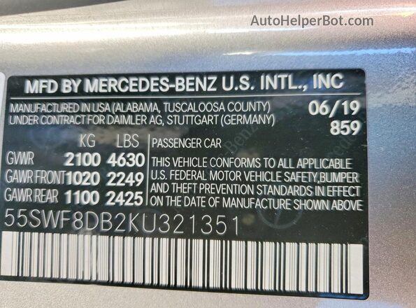 55SWF8DB2KU321351 2019 MERCEDES-BENZ C Silver Շարժիչի բաժամունքի տեսք