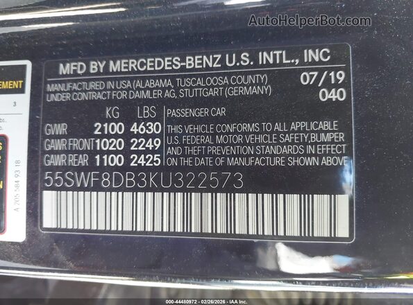 55SWF8DB3KU322573 2019 MERCEDES-BENZ C-CLASS Black Widok komory silnika