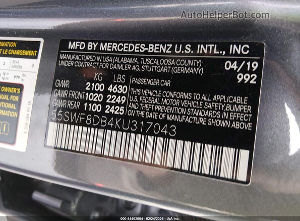 55SWF8DB4KU317043 2019 MERCEDES-BENZ C-CLASS Gray Вид підкапотного простору