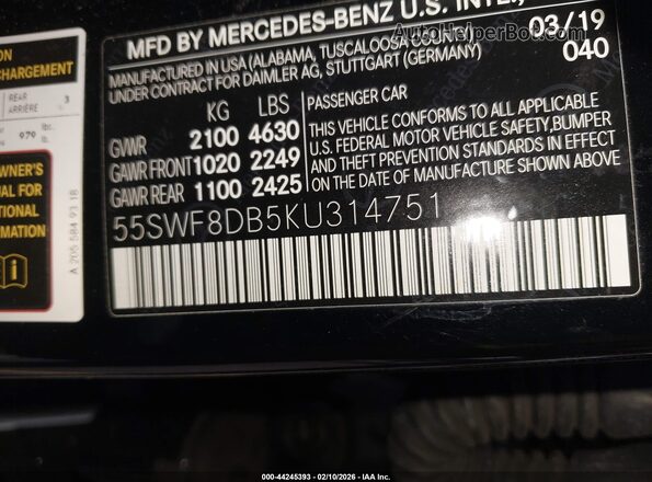 55SWF8DB5KU314751 2019 MERCEDES-BENZ C-CLASS Black Engine compartment view