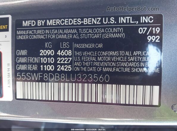 55SWF8DB8LU323560 2020 MERCEDES-BENZ C-CLASS Gray Շարժիչի բաժամունքի տեսք