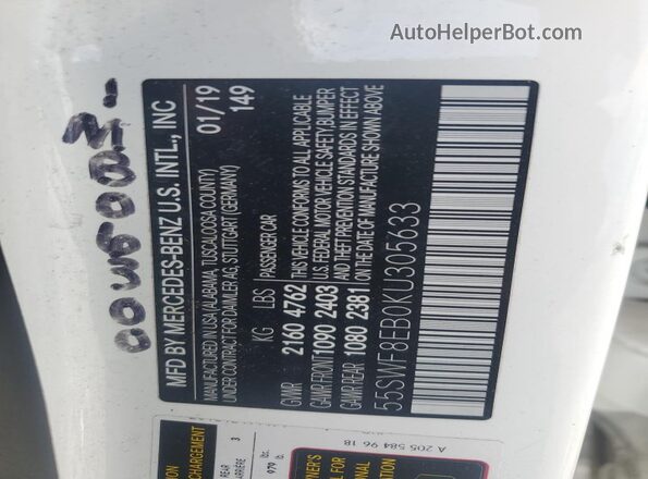 55SWF8EB0KU305633 2019 MERCEDES-BENZ C White Vista de la etiqueta del VIN