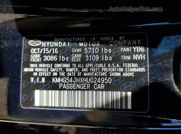 KMHG54JHXHU024950 2017 GENESIS G90 Черный Вид наклейки с VIN-кодом