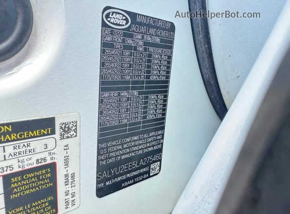 SALYU2EE5LA275460 2020 LAND ROVER RANGE White 