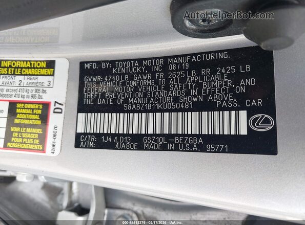 58ABZ1B11KU050481 2019 LEXUS ES 350 Silver Շարժիչի բաժամունքի տեսք