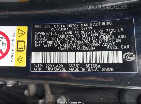 58ABZ1B12KU028604 2019 LEXUS ES 350 Черный Вид подкапотного пространства