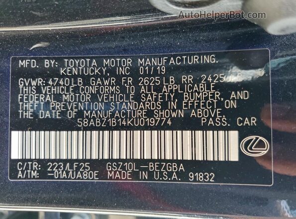 58ABZ1B14KU019774 2019 LEXUS ES Black Widok naklejki z numerem VIN