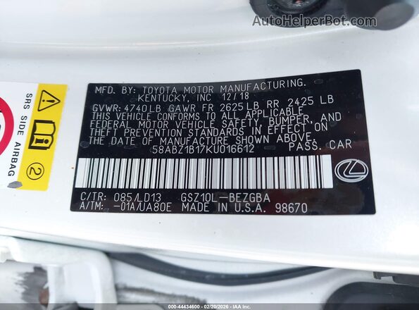 58ABZ1B17KU016612 2019 LEXUS ES 350 Белый Вид подкапотного пространства