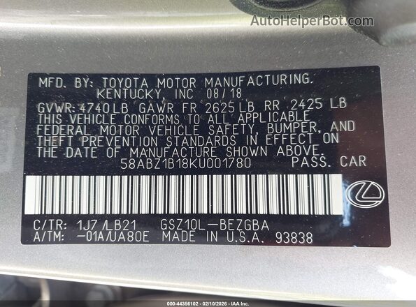 58ABZ1B18KU001780 2019 LEXUS ES 350 Серебряный Вид подкапотного пространства