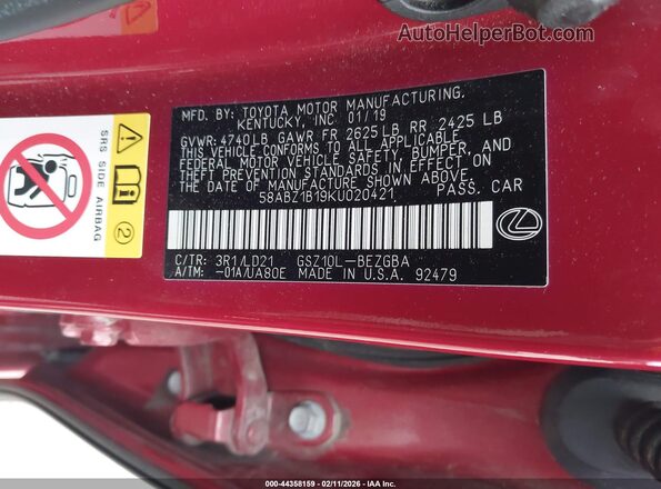 58ABZ1B19KU020421 2019 LEXUS ES 350 Бордовый Вид подкапотного пространства
