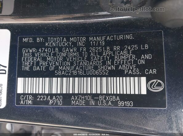 58AC21B16LU006552 2020 LEXUS ES 300H Черный Вид подкапотного пространства