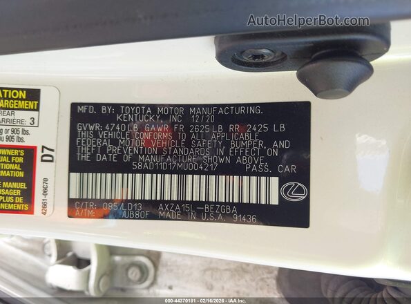 58AD11D17MU004217 2021 LEXUS ES 250 Белый Вид подкапотного пространства