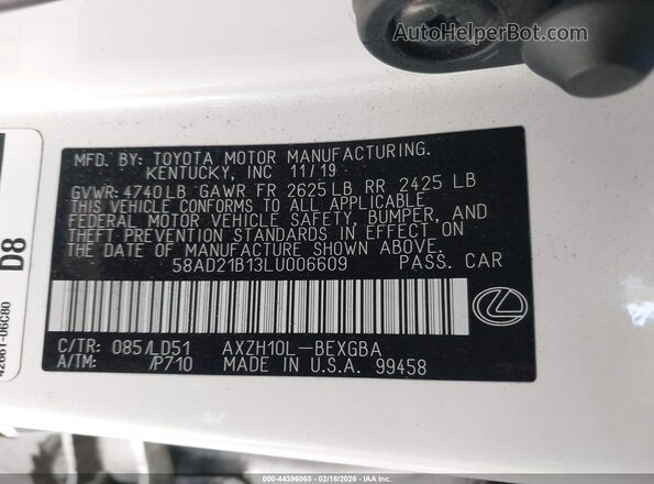 58AD21B13LU006609 2020 LEXUS ES 300H Белый Вид подкапотного пространства