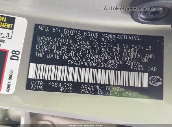 58ADA1C10MU005632 2021 LEXUS ES 300H Золотой Вид подкапотного пространства