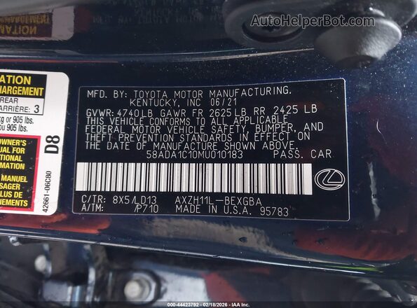 58ADA1C10MU010183 2021 LEXUS ES 300H Blue Widok komory silnika